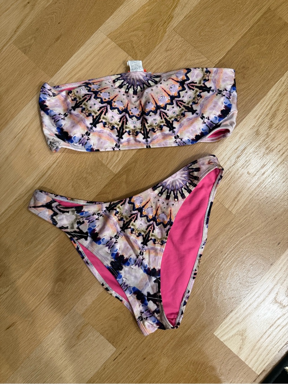 River Island Pink Multicolor Patterned Bandeau Bikini Set size 10